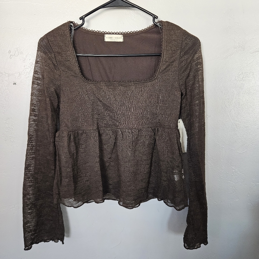 Frankee & Skylarr NWT Small Brown Lace Long Sleeve Blouse Square Neck Peplum
